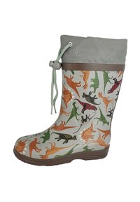 Botte de pluie en caoutchouc avec une base gris clair ornée de motifs de dinosaures colorés en orange, vert, rouge et noir. Comprend un revers en tissu gris et un cordon de serrage.