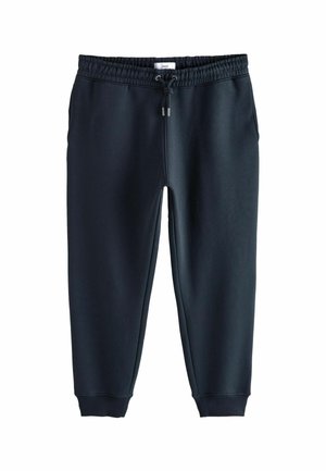 Pantaloni de trening bleumarin, dintr-un material neted, cu un elastic la talie dotat cu șnur, terminații manșonate și buzunare laterale.