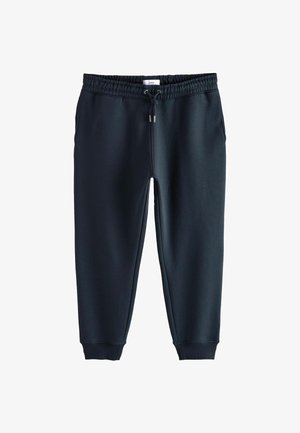 Pantaloni da svago blu marino realizzati in tessuto morbido, dotati di vita elastica con cordoncino, caviglie elastiche e tasche laterali.