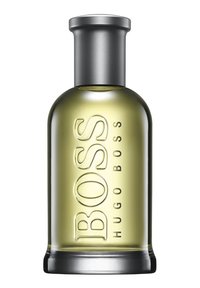 Flacon de parfum en verre vert avec un bouchon argenté. Présente un texte "BOSS" en relief et une base ronde, alliant une finition lisse à un design minimaliste.