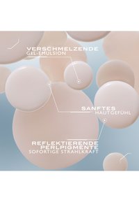 Multiple soft beige and white spheres labeled with German terms for melting gel emulsion, gentle skin feel, and reflective pearl pigments.