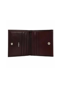 Intérieur de portefeuille en cuir bordeaux foncé avec plusieurs emplacements pour cartes, texture lisse, fermeture à bouton-pression et marque embossée.