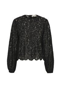 Top in pizzo nero con maniche lunghe, motivo floreale, scollatura rotonda, orlo scallopato, caratterizzato da un tessuto testurizzato e chiusura a zip sul retro.