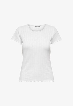 Hvid kortærmet top lavet af tekstureret stof med en ribbet struktur, forsynet med en rund halsudskæring og bølgede kanter på ærmerne og kanten.