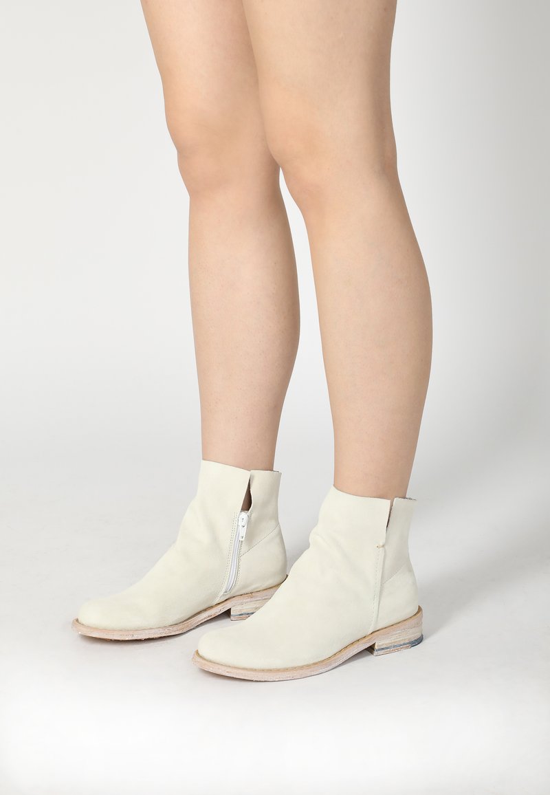 Weiße Wildleder-Ankle-Boots mit einem seitlichen Reißverschluss, minimalistisches Design, niedriger Blockabsatz und glatte Textur.