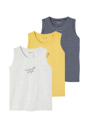 Three sleeveless kids' tops: light gray with dinosaur, solid yellow with triceratops, and navy blue with white stripes.