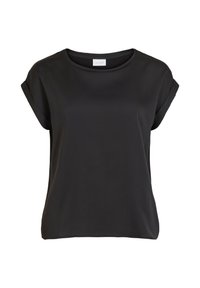 T-shirt noir à manches courtes avec un col rond et des ourlets roulés. Fabriqué en tissu lisse avec une coupe décontractée. Étiquette visible près du col.
