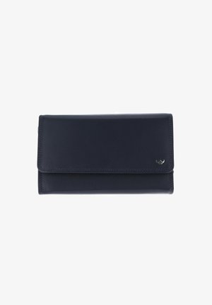Portefeuille en cuir bleu marine foncé avec rabat pliant et petit emblème argenté dans le coin inférieur droit.