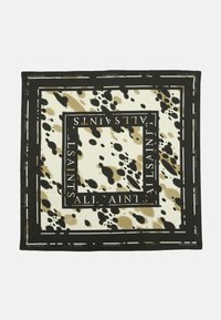 Pañuelo de seda cuadrado en color crema, marrón y negro con un patrón abstracto de salpicaduras. Presenta un borde negro con el texto "ALLSAINTS" en blanco.