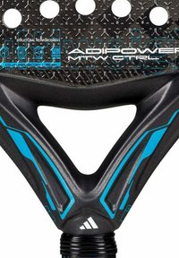Black paddle with carbon fiber surface, triangular grip, blue accents, multiple holes for airflow, and structural reinforcement detailing.