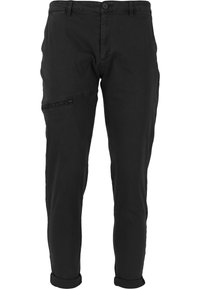 Svarta byxor med en tapered design, tillverkade av bomullstyg, med en ficka på sidan som stängs med dragkedja och upprullade fållar för en avslappnad look.