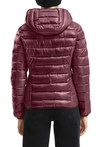 Burgunderfarbene Pufferjacke mit Kapuze, mit horizontalen gesteppte Abschnitten, glatter Textur und elastischen Bündchen, von hinten gezeigt.