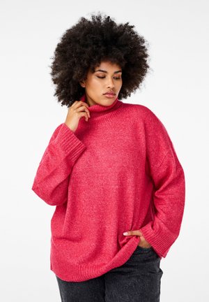 Übergroßer Rollkragenpullover in leuchtendem Pink, aus weichem Material mit gerippten Bündchen und Saum, der eine entspannte Passform und eine strukturierte Oberfläche bietet.