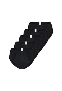 Fünf schwarze Damen-Hüfthosen mit hohen Taillen und seitlichen Blumen-Spitzen-Panels, in einem versetzten Stapel angeordnet.