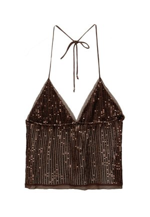 Top corto marrone con paillettes, taglio triangolare, spalline regolabili e tessuto trasparente, caratterizzato da un design a strati e una texture a coste.