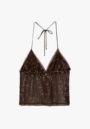 Brown sequined crop top with a triangular cut, adjustable straps, and sheer fabric, featuring a layered design and a ribbed texture.