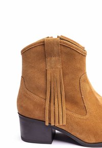 Stivaletto alla caviglia in suede marrone con tacco basso, caratterizzato da un dettaglio a frange sul retro e cuciture lisce lungo i bordi.