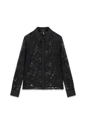 Zwarte kanten blouse met lange mouwen met bloemmotief, effen kraag, knoopmanchetten en voorste knoopsluiting.