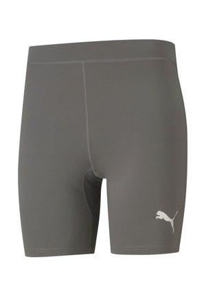 Graue Sportshorts aus dehnbarem Stoff mit glatter Textur, mit einem weißen Puma-Logo am linken Oberschenkel und flachen Nähten.
