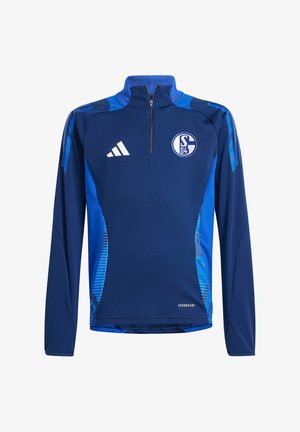 Marineblaues, langärmeliges Sporttrikot mit Viertel-Reißverschluss, hellblauen Seitenpaneelen, Adidas-Logo und dem Emblem des Fußballvereins Schalke 04.