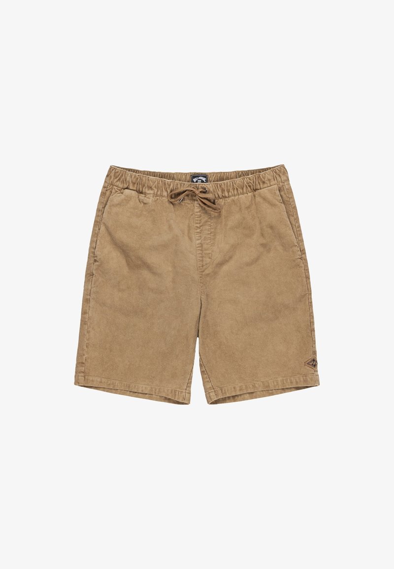 Tanen corduroy shorts met een elastische tailleband en trekkoord, voorzien van zijzakken en een klein logo-patch op de onderrand.