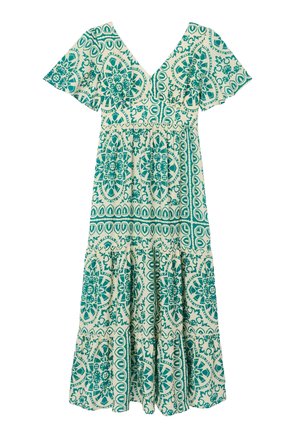 Robe maxi crème avec motifs floraux et géométriques verts complexes, manches courtes volantées et encolure en V.