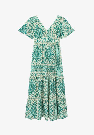 Robe maxi crème avec motifs floraux et géométriques verts complexes, manches courtes volantées et encolure en V.