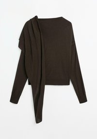 Brown knit sweater with long sleeves and an asymmetrical draped detail on one side, featuring a ribbed hem and cuffs.