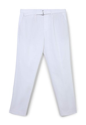 Pantaloni bianchi con un design a gamba dritta, realizzati in tessuto morbido. Presentano due tasche frontali e una cintura con una fibbia argentata.