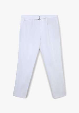 Weiße Hose mit geradem Bein, aus glattem Stoff. Verfügt über zwei vordere Taschen und einen Gürtel mit einer silbernen Schnalle.