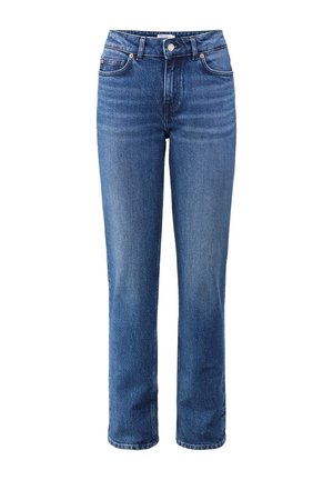 Jeans in denim di blu medio con vita alta, design a gamba dritta e classico stile a cinque tasche. Presentano una chiusura con bottone e passanti per cintura.