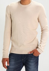 Beige Rundhalspullover mit langen Ärmeln, gerippten Bündchen und Saum, aus einem weichen Strickmaterial hergestellt. Über blauen Jeans getragen.