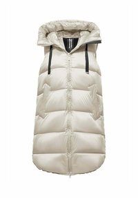 Gevoerde mouwloze vest in lichtbeige met een hoge kraag, een rits aan de voorkant en twee zijzakken; beschikt over zwarte accentbanden en een gladde textuur.