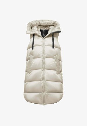 Gevoerde mouwloze vest in lichtbeige met een hoge kraag, een rits aan de voorkant en twee zijzakken; beschikt over zwarte accentbanden en een gladde textuur.