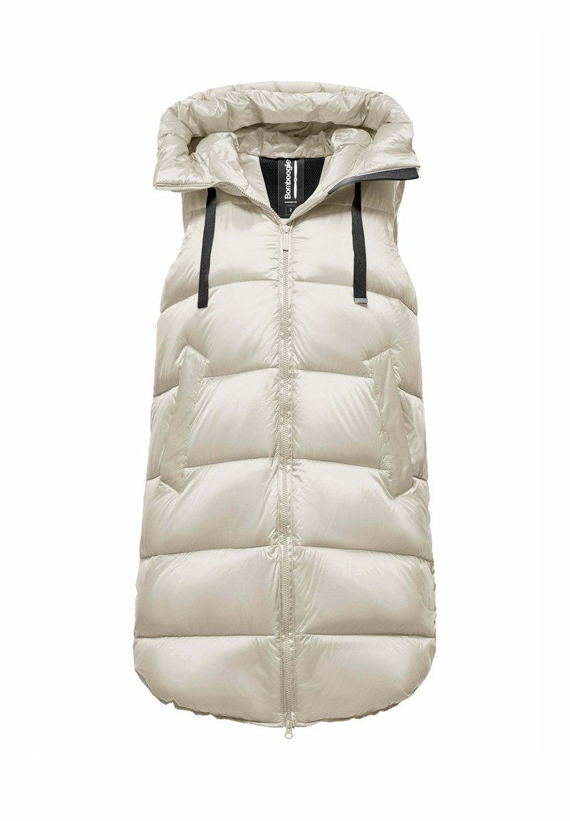 Gevoerde mouwloze vest in lichtbeige met een hoge kraag, een rits aan de voorkant en twee zijzakken; beschikt over zwarte accentbanden en een gladde textuur.