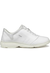White leather sneakers with a smooth texture, rounded toe, lace-up design, and a cushioned outsole for comfort. Minimalist style with subtle accents.
