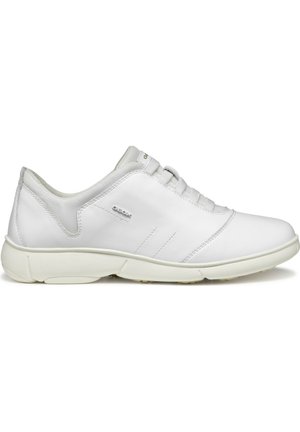 White leather sneakers with a smooth texture, rounded toe, lace-up design, and a cushioned outsole for comfort. Minimalist style with subtle accents.