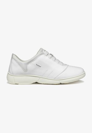 White leather sneakers with a smooth texture, rounded toe, lace-up design, and a cushioned outsole for comfort. Minimalist style with subtle accents.