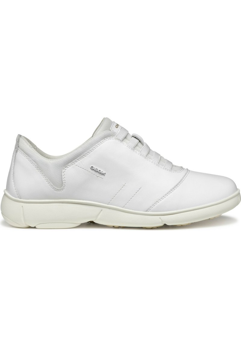 White leather sneakers with a smooth texture, rounded toe, lace-up design, and a cushioned outsole for comfort. Minimalist style with subtle accents.