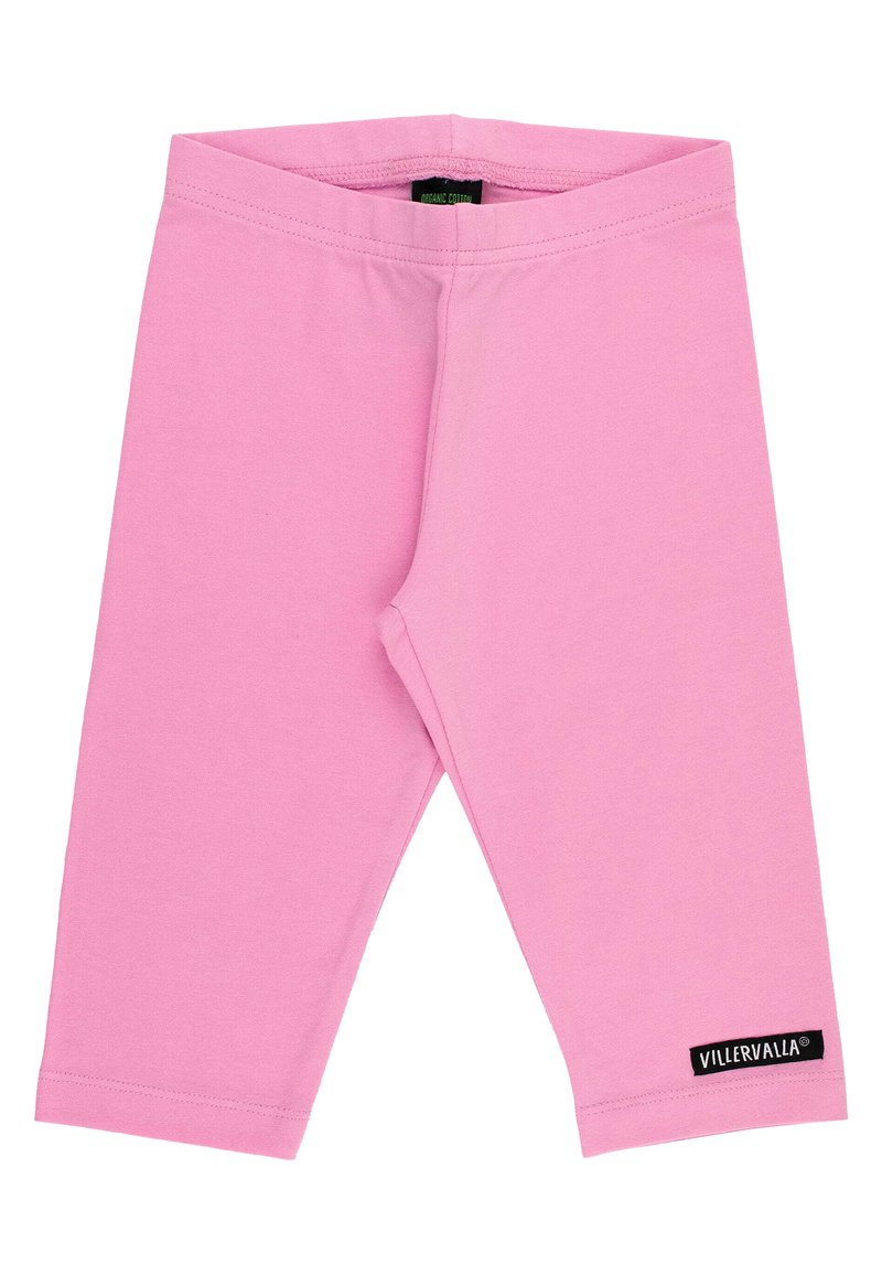 Rosa ekologiska bomullsleggings med en mjuk textur, åtsittande design och ett logomärke på nedre vänstra benet.