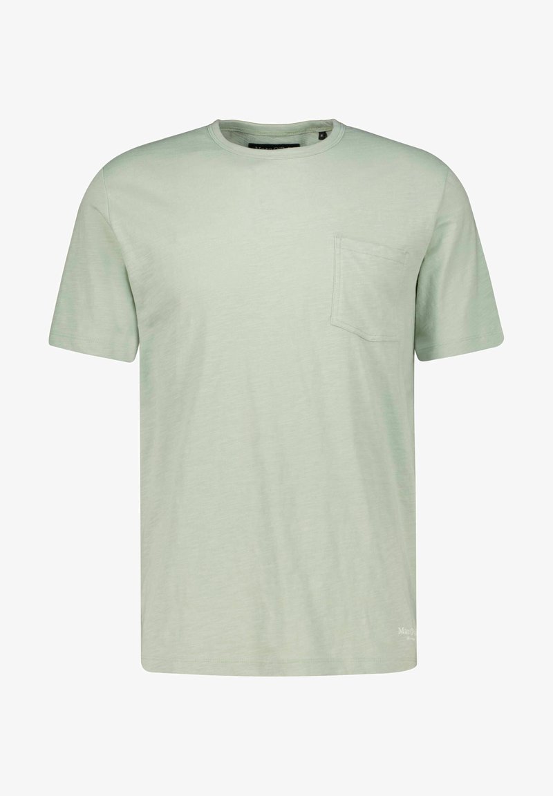 T-shirt court à manches courtes en coton vert clair avec un col rond et une poche poitrine unique sur le côté gauche.