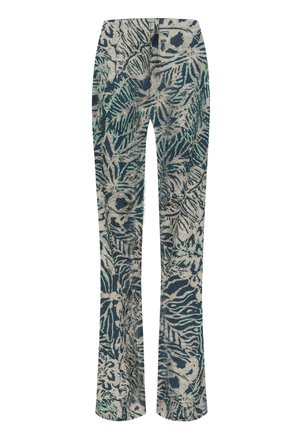 Pantalon évasé en tissu léger avec un motif floral vert et bleu marine. Le design présente un aspect texturé avec des formes organiques.