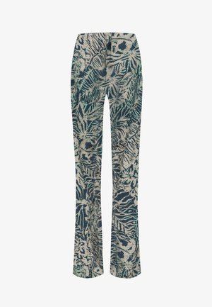 Dzwony z lekkiego materiału z zielono-granatowym kwiatowym wzorem. Wzór zawiera teksturowany wygląd z organicznymi kształtami.