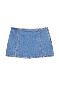 Hellblaue Denim-Minirock mit geradem Schnitt und sichtbaren Nähten. Verfügt über einen strukturierten Taillenbund und keine Taschen.