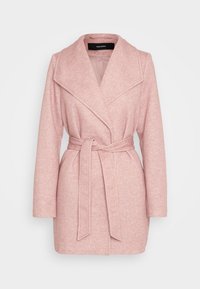 Cappotto in lana rosa chiaro con cintura, collo largo e maniche lunghe, progettato per una vestibilità aderente.