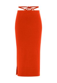 Rippender orange Midirock mit schmaler Silhouette, seitlichem Schlitz und verstellbaren Trägern an der Taille für eine anpassbare Passform.