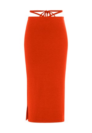 Gonna midi arancione a costine con silhouette aderente, spacco laterale e spalline regolabili in vita per una vestibilità personalizzabile.
