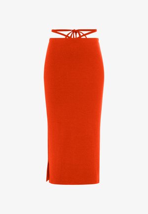 Ribbed orange midi skirt with a fitted silhouette, side slit, and adjustable straps at the waist for a customizable fit.