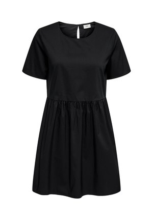 Czarna sukienka z krótkim rękawem, okrągłym dekoltem, marszczoną talią oraz zapięciem na guzik w formie otworu kluczowego z tyłu.