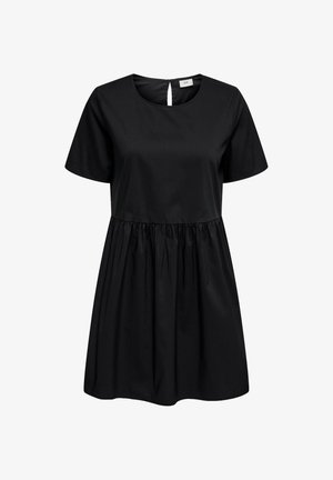 Czarna sukienka z krótkim rękawem, okrągłym dekoltem, marszczoną talią oraz zapięciem na guzik w formie otworu kluczowego z tyłu.